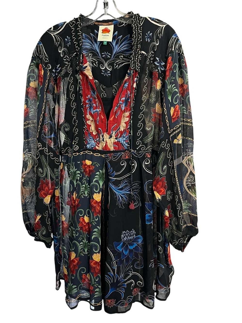 FARM Rio Mixed Arabesque Scarves Mini Dress M Floral Lace Up Long Sleeve - Picture 3 of 12